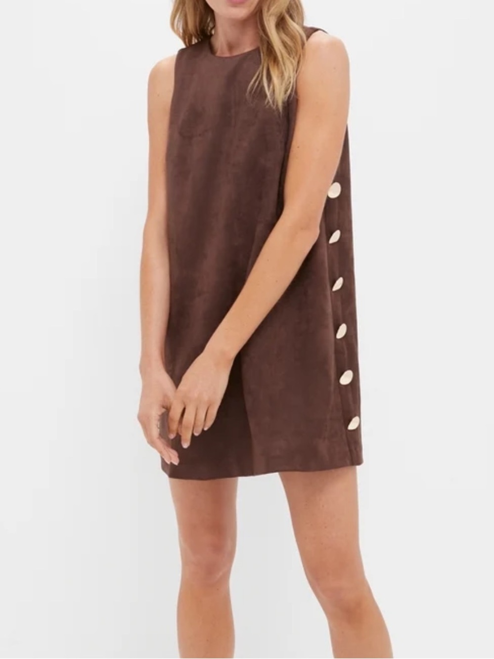 Hyacinth House Chocolate Faux Suede Button Bitsy Mini Dress
